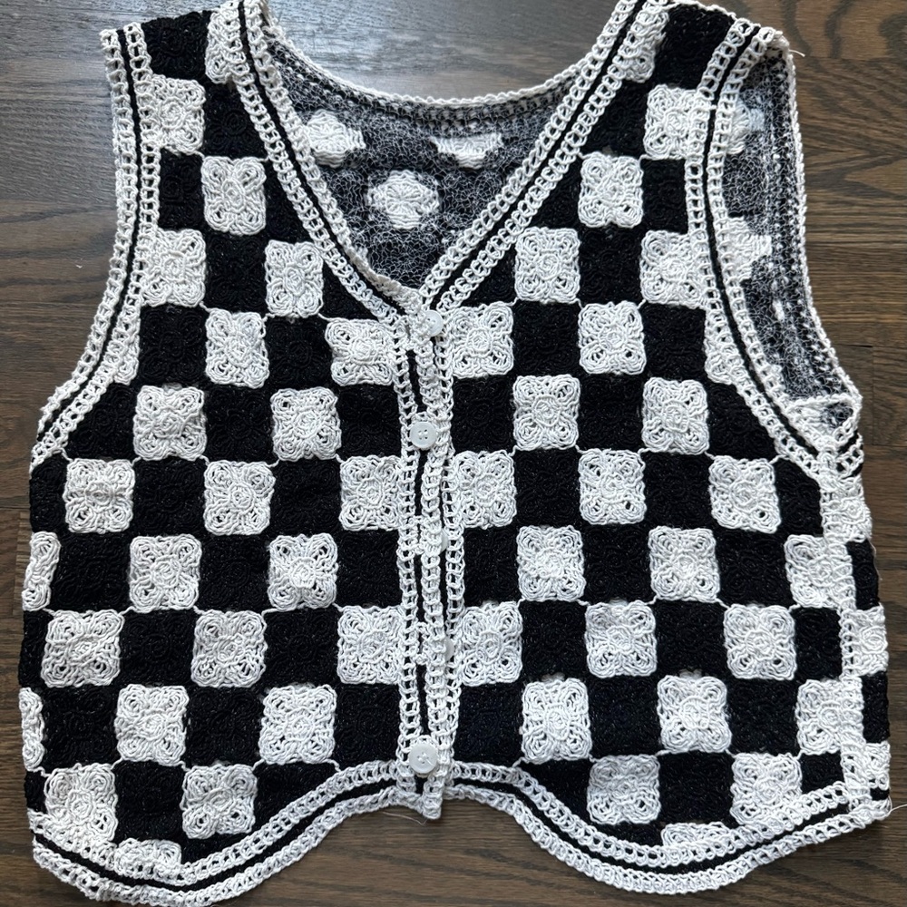 Black and White Crochet Checkered Vest